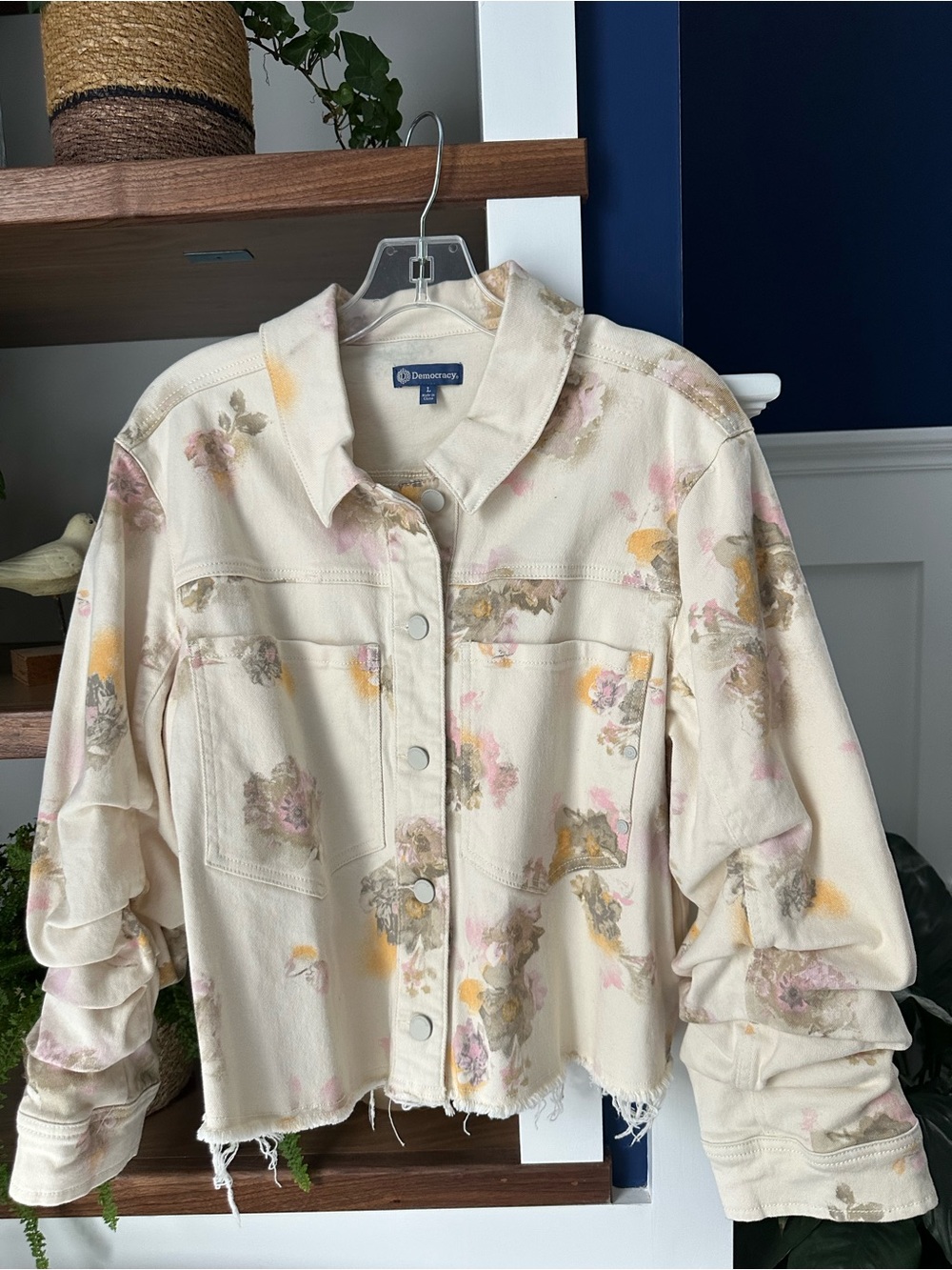 Democracy Cream Floral Denim Jacket with Pink & Yellow Accents